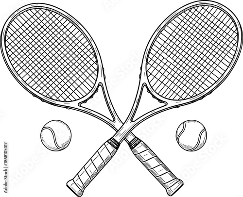 Tennis rackets crossed, balls on sides, black and white vector, sports icon, editable design, isolated, competition symbol, athletic artwork