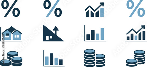 A collection of dark and light blue finance icons showing percentages, houses, bar charts, and coin stacks