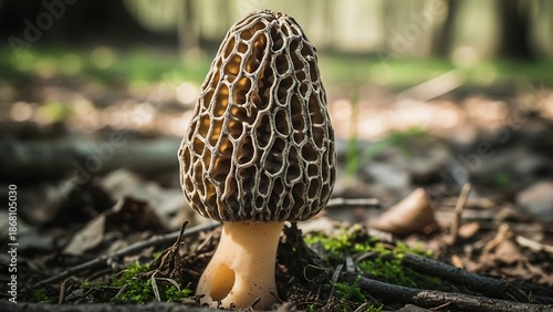 Morel mushroom growing in forest floor.