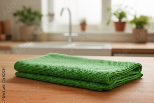 A bright green kitchen towel rests on a wooden surface near a sink