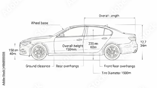 Detailed Car Blueprint with Dimensions and Technical Specifications.