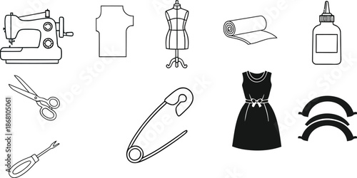 A collection of sewing tools and equipment for fashion design and garment construction