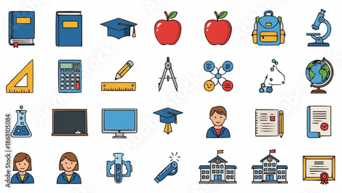 Colorful Education and School Supplies Icons Collection for Learning.