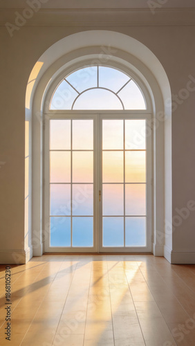 Elegant arched window with warm sunlight on wooden floor in modern architecture, serene mood, Generative AI