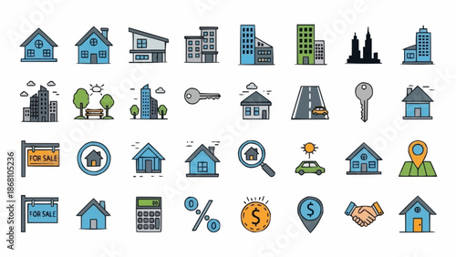 Real Estate Icon Set - Diverse Architectural Styles and Property Concepts.