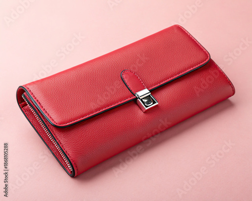 A vibrant red leather wallet with a metallic clasp presented on a pink backdrop