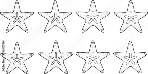 Hand Drawn Starfish Outline Vector Set with Dotted Texture Marine Sea Star Line Art Illustration