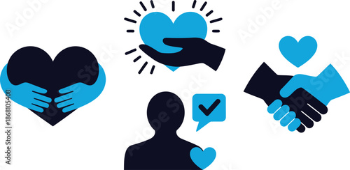 A collection of four blue and black icons depicting care, compassion, community, and support