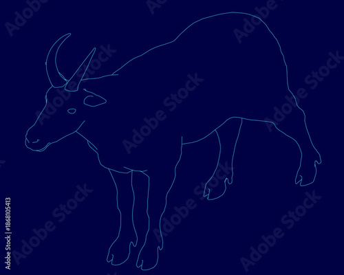 Detailed line drawing of a mountain goat with intricate horns and textured fur. The clean white contour stands out sharply against a solid blue background. Isometric view
