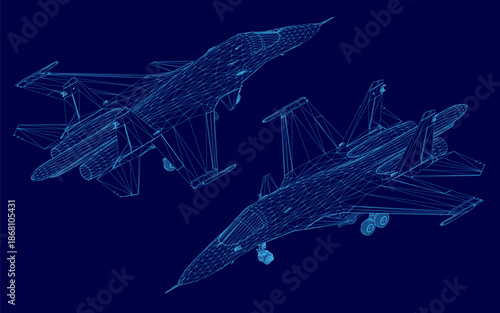 Two 3D fighter jets fly in formation against a solid blue background. The realistic military aircraft are presented alongside their detailed wireframe models. Isometric view