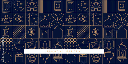 Ramadan Kareem background pattern in Art Deco style. Modern Islamic greeting card, banner and poster template design in minimal line style.