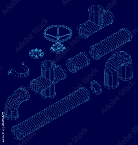 A modular bundle of industrial pipes and valves arranged in a neat, overlapping pattern. The detailed blueprint stands out against a solid blue background. Isometric view