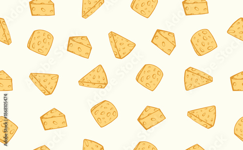 Hand drawn italian food pattern in doodle style. Cheese pieces in quirky crayon style. Italy ingredient, cheese chunk, mediterranean dinner element for pasta, menu. Minimal doodle sketch. Vector illus