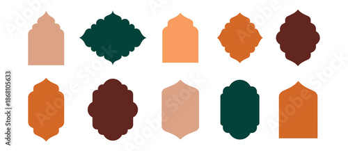 Collection of linear Islamic windows, mosque doors, frames and arches. Minimal golden Arabic oriental style elements for Ramadan Kareem and Eid Mubarak.