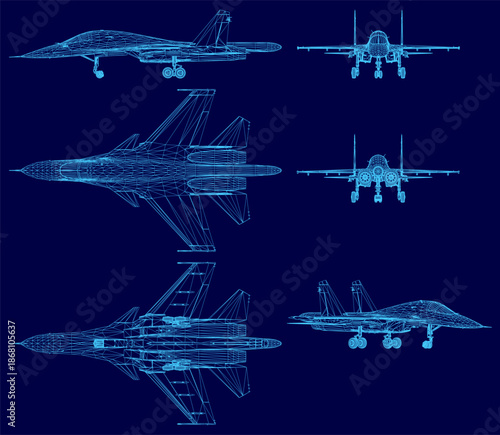 Blueprint of four unique fighter jets in a symmetrical wireframe set against a stark blue background. The military aircraft designs are clean and technical.