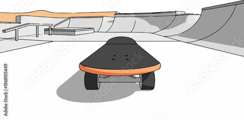 A skateboard sits at the edge of a concrete skate park with ramps