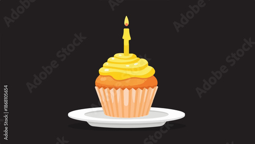 A single yellow-frosted cupcake with a lit candle sits on a white plate