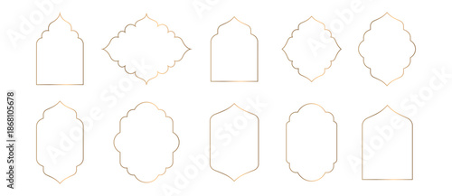 Collection of linear Islamic windows, mosque doors, frames and arches. Minimal golden Arabic oriental style elements for Ramadan Kareem and Eid Mubarak.