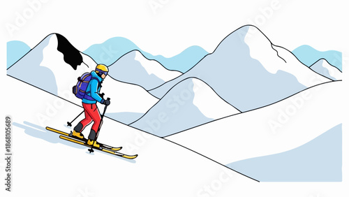 A skier descends a snowy mountain slope, surrounded by blue sky and white peaks