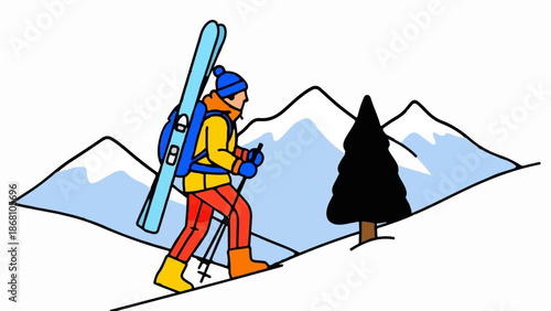 A skier ascends a snowy mountain slope, carrying skis and poles, past a solitary fir tree