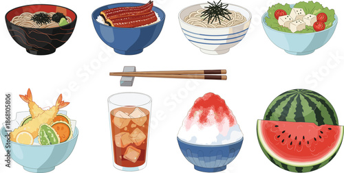 Japanese Food and Dessert Vector Set with Rice Bowl Noodles Shaved Ice Drinks and Fruit Illustration