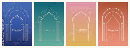 Collection of linear Islamic windows, mosque doors, frames and arches. Minimal golden Arabic oriental style elements for Ramadan Kareem and Eid Mubarak.