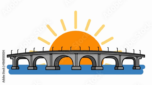 A simple illustration depicts a bridge crossing a body of water under a setting or rising sun