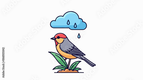 A small bird sits on a plant under a blue rain cloud