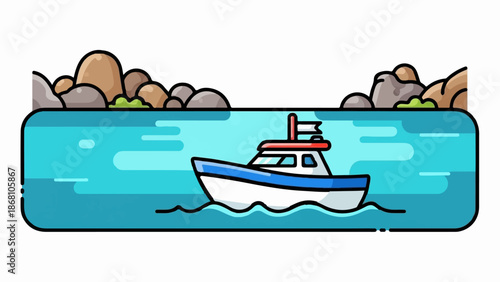 A small boat cruises on bright blue water, with rocky shores on either side