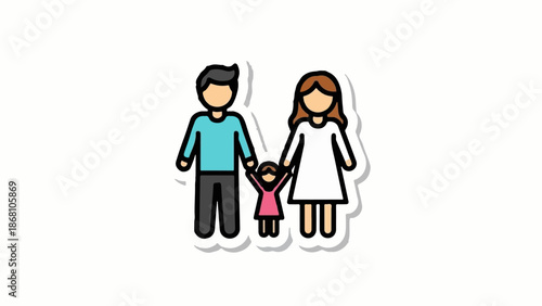 A simple illustration of a family of three, a man, a woman, and a child, holding hands