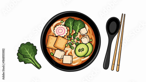A simple illustration of a bowl of ramen with chopsticks and a spoon