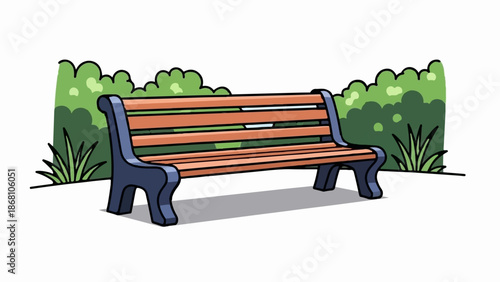 A simple illustration of an empty wooden park bench with blue frame rests beside green bushes