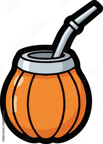 A simple illustration of an orange gourd with a silver straw for drinking