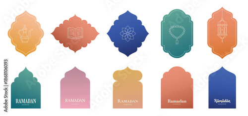 Collection of linear Islamic windows, mosque doors, frames and arches. Minimal golden Arabic oriental style elements for Ramadan Kareem and Eid Mubarak.