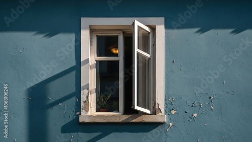 Open window on blue wall exterior.