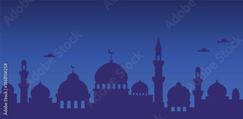 Ramadan Night Arab Landscape Over a Starry Night Sky with Mosque Silhouettes. Islamic horizontal banner and social media template design.
