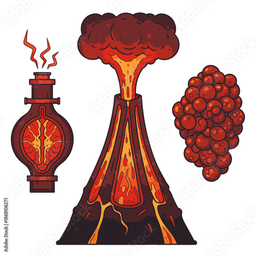 A vibrant cartoon illustration depicting an erupting volcano, a glowing vessel, and fiery red spheres, symbolizing intense heat and powerful natural energy.