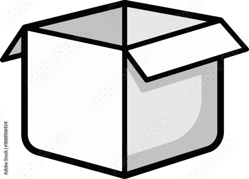 A simple, open, white cardboard box with a black outline and shading