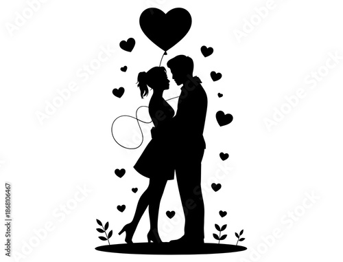 A silhouette of a couple in love embraces me, surrounded by floating hearts