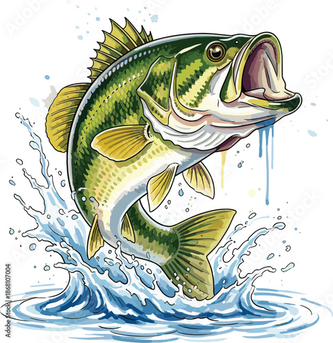 Jumping Bass Fish Vector Illustration with Water Splash Dynamic Freshwater Fishing Wildlife Artwork