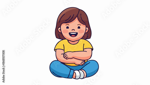 A smiling child with short brown hair sits cross-legged in a yellow shirt and blue pants
