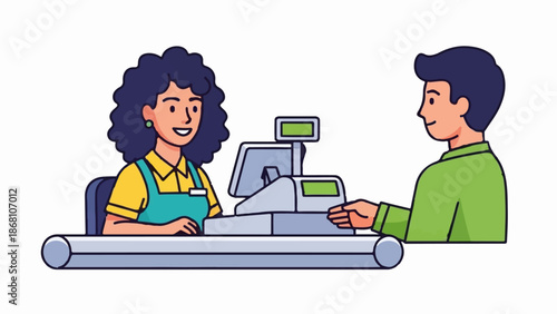 A smiling cashier with curly hair attends to a customer at a checkout counter with a cash register