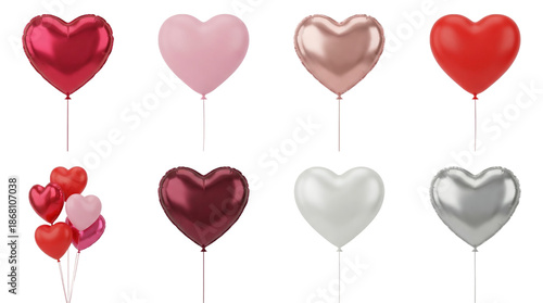 Heart balloon set including red, pink, rose gold, silver, and burgundy metallic foil variants isolated. Valentines day and romantic celebration decor.