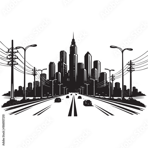 Black and white urban city silhouette with skyscrapers, power lines, street lamps, and highway perspective, modern metropolitan illustration with strong contrast on a white background