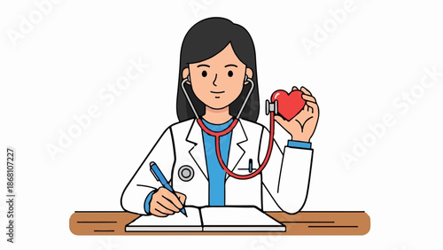 A smiling doctor in a white coat holds a red heart while writing