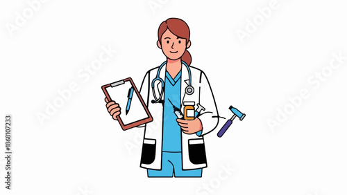 A smiling doctor in a white coat holds a clipboard, a syringe, medicine, and a reflex hammer