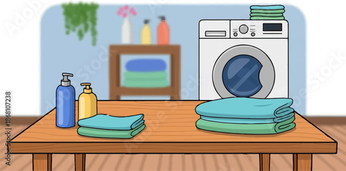 A simplified illustration of a laundry room with a washing machine, towels, and cleaning supplies on a wooden table