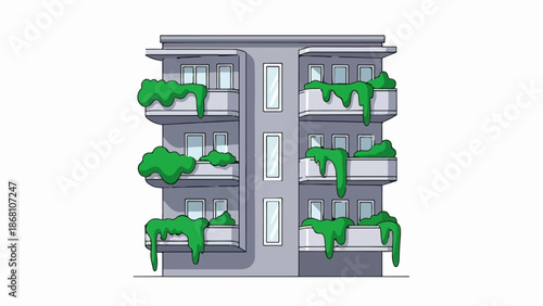 A simplified illustration of a multi-story building with balconies overflowing with vibrant green foliage