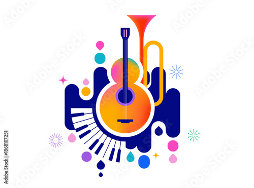 Colorful carnival and music festival poster and banner with abstract musical instruments