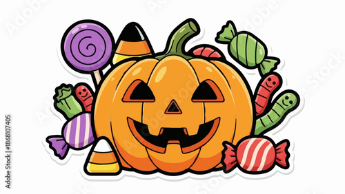 A smiling jack-o'-lantern surrounded by a variety of colorful Halloween candies and gummy worms